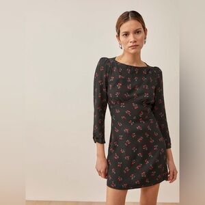 Reformation Tamra Floral Tie Back Mini Dress Size 4 in Black Red Cherries